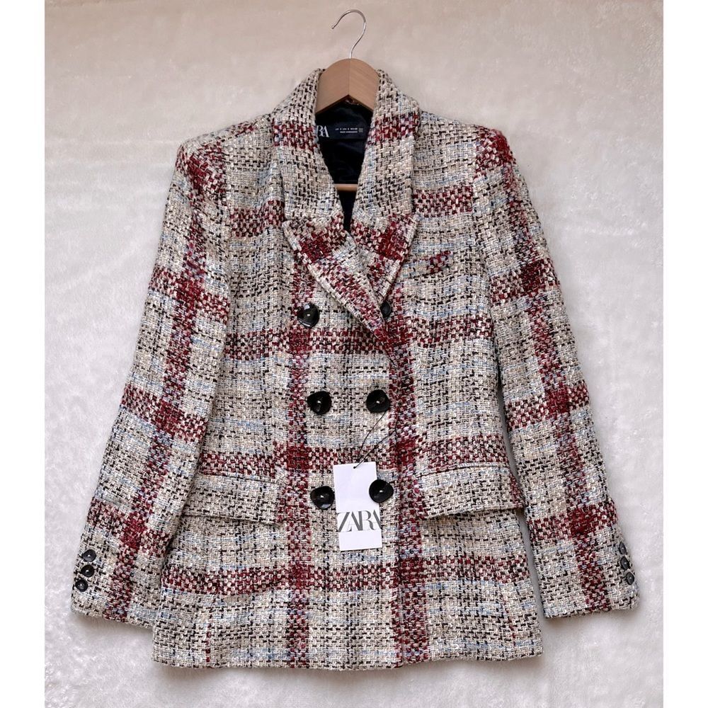 NWT Zara Blogger’s Favorite Textured Plaid Boucle Double Breasted Blazer, Small - Picture 13 of 16